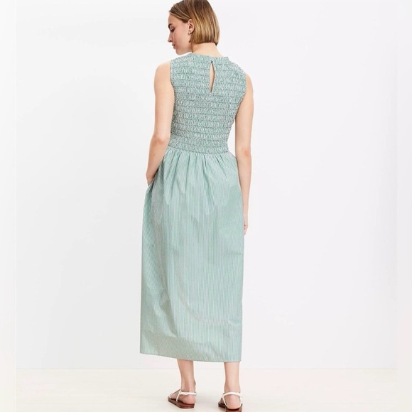 NWT LOFT Green and White Striped Sleeveless Smocked Midi Dress - Picture 12 of 12